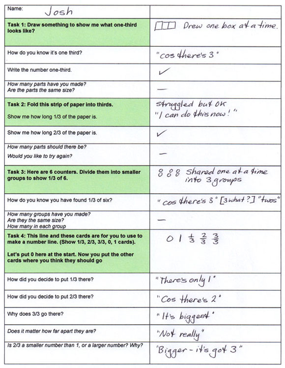 Schedule completed by the interviewer, detailing a student’s answers and representations regarding fractions.