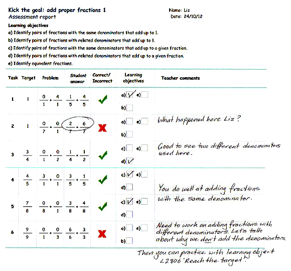 Six questions, four responses marked as correct, two as incorrect. Teacher comments that student needs to work on adding fractions with different denominators.
