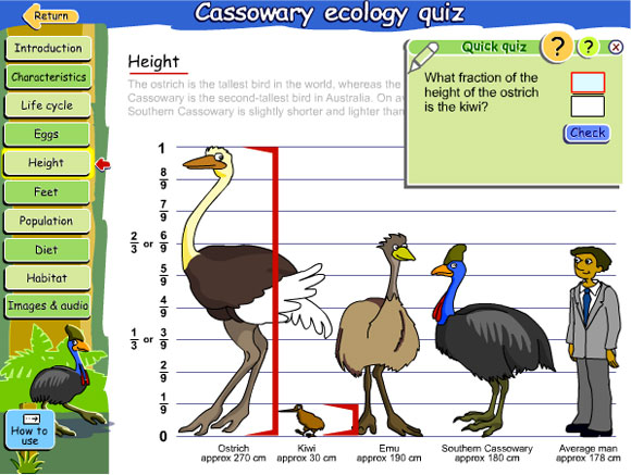 Vertical number line divided into ninths used to measure the relative height of birds and a human as a fraction.