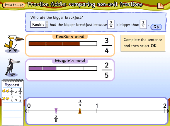 Non-unit fractions to represent the breakfast of two birds, in order to determine the larger fraction.