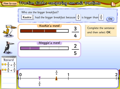 Non-unit fractions to represent the breakfast of two birds, in order to determine the larger fraction.