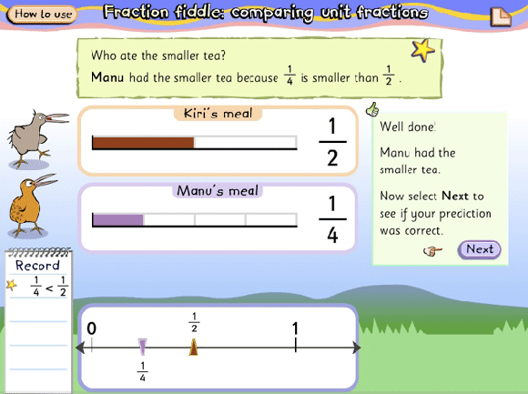 One bird with half of a worm, another bird with a quarter of a worm. The fractions compared on a number line to find which is smaller.