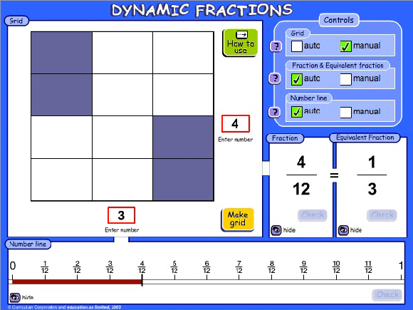 Sample of a 4 by 3 grid with four parts shaded. The equivalent fractions 4/12 and 1/3 are recorded.