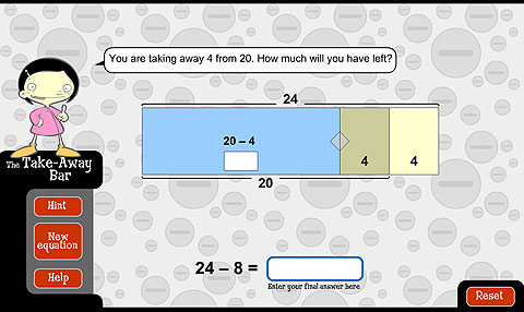 The problem 24 minus 8 solved by subtracting 4 from 20 and then adding 4, with a diagrammatic representation.