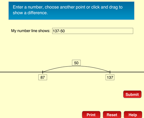 Using a number line to subtract 50 from 137.