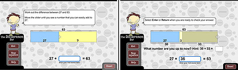 Sets the problem of working out the difference between 27 and 63 and suggests that the solution be in the form of 27 + ? = 63.
