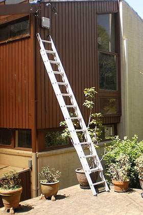 A ladder leaning against the outside wall of a house.