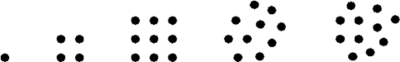 Five collections of dots: a single dot, a 2 by 2 square array, a 3 by 3 square array, a single dot, a 2 by 2 square array, an approximately circular cluster of 10 dots,  an approximately circular cluster of 11 dots.