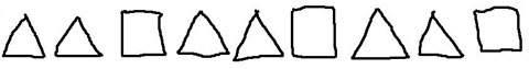 A hand drawn sketch of a pattern of two triangles and one square repeated three times.