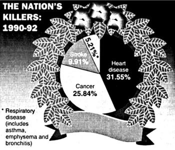 Pie graph showing Heart disease at 31.55%, Cancer at 25.84%, Stroke at 9.91% and Respiratory disease at 5.21%. Graph is encircled by a wreath.